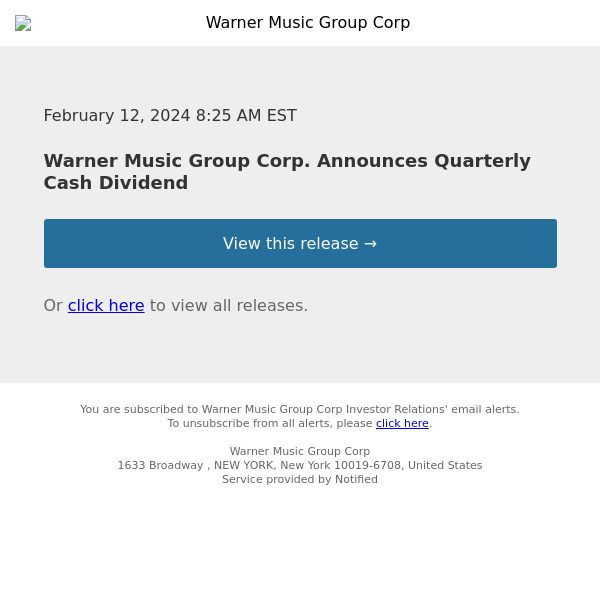 Warner Music Group Corp. Announces Quarterly Cash Dividend