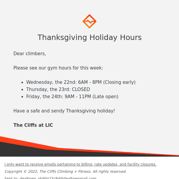 🧗🏽‍♀️ Thanksgiving Holiday Hours