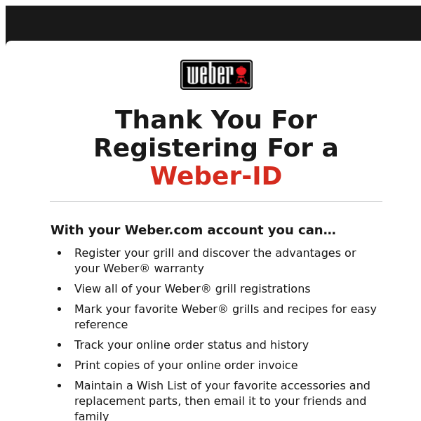 New account successfully registered - Weber Grills