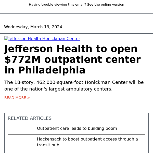Jefferson Health to open $772M outpatient center in Philadelphia
