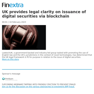 Finextra News Flash: UK provides legal clarity on issuance of digital securities via blockchain