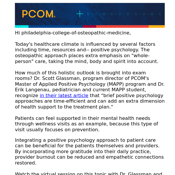 PCOM professors recognize importance of integrating positive psychology into healthcare