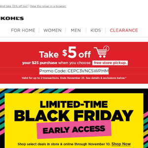 Save $5 | 📣TODAY ONLY: Earn $15 Kohl’s Cash for every $50 spent + shop early Black Friday Deals!