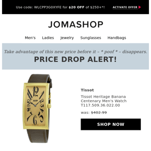 💲 Price drop! The Tissot Heritage Banana Centenary Men's Watch T117.509.36.022.00 is now on sale… 💲