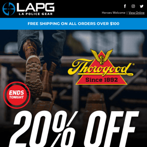 20% off Thorogood coupon is expiring tonight!