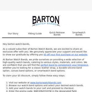 Exclusive Offer: Enjoy $5 Off Your First Purchase at Barton Watch Bands