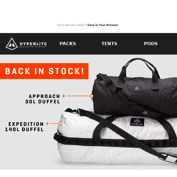Back in Stock! 30L Approach and 140L Expedition Duffel