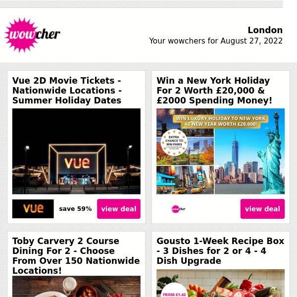 2 Vue Movie Tickets £9 | Win A Luxury New York NYE Holiday! | Toby Carvery Dining For 2 £17.50 | 1-Week Gousto Recipe Box For 2 £12 | Florence City Break: Hotel & Flights