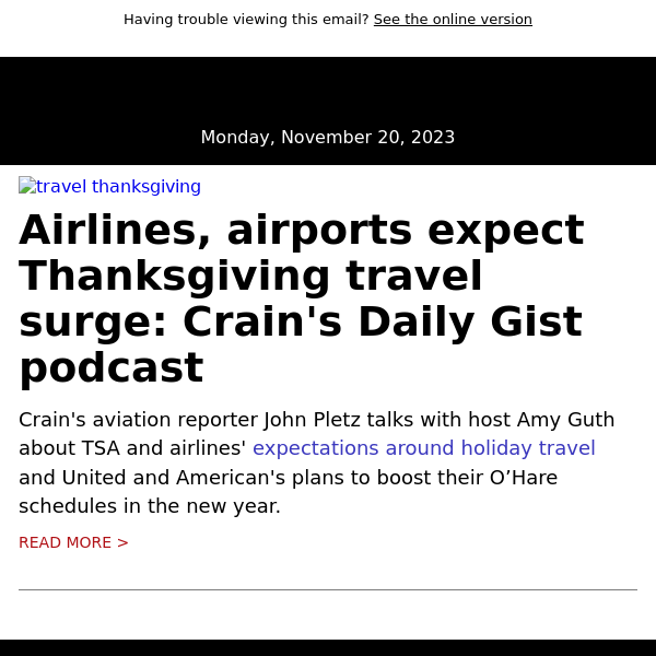 Airlines, airports expect Thanksgiving travel surge: Crain's Daily Gist podcast
