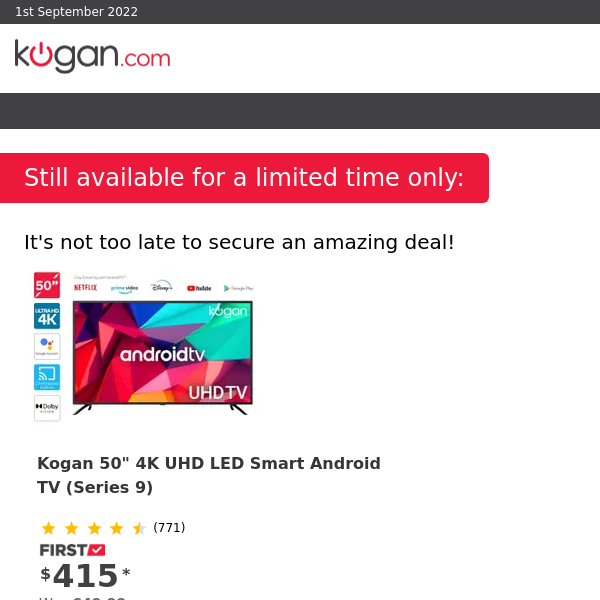 Kogan 50" 4K UHD LED Smart Android TV (Series 9)