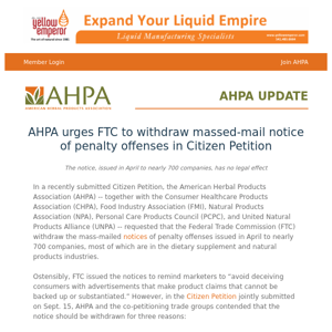 AHPA UPDATE: AHPA urges FTC to withdraw massed-mail notice of penalty offenses in Citizen Petition