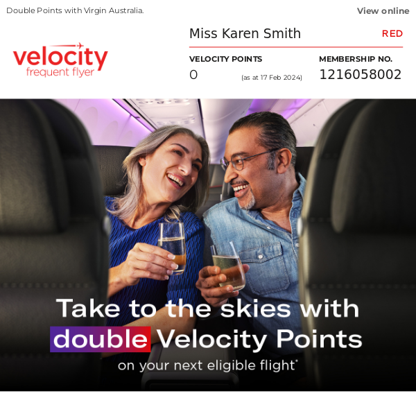 Virgin Australia, earn double Velocity Points on your next escape*