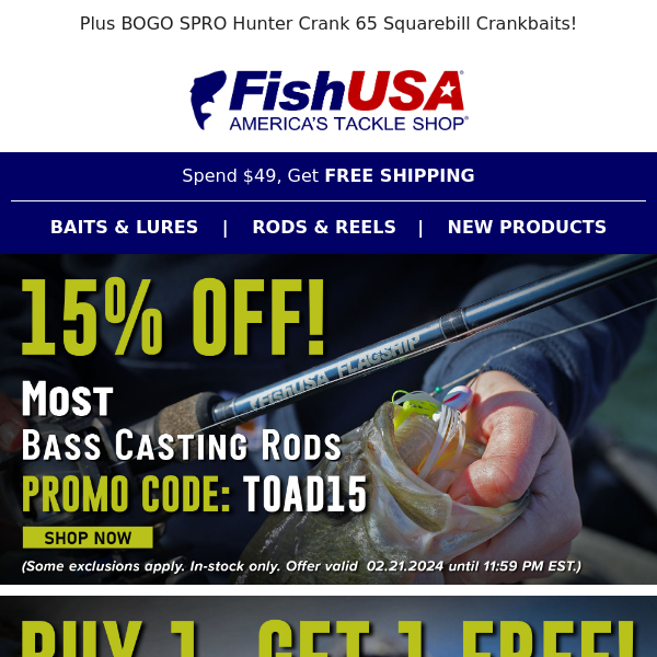 Take 15% Off Most Bass Casting Rods Today Only!