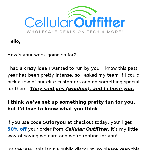 Exclusive 50% Off on Cellular Outfitter - Limited Stock!