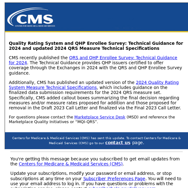 Centers for Medicare & Medicaid Services (CMS) Marketplace Quality Initiatives Update