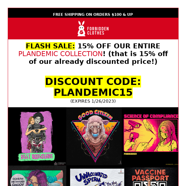 🏷️Flash Sale: 15% off all Plandemic designs! 😷