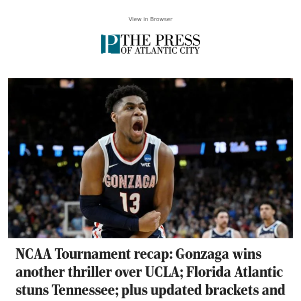 NCAA Tournament recap: Gonzaga wins another thriller over UCLA; Florida Atlantic stuns Tennessee; plus updated brackets and today's schedule