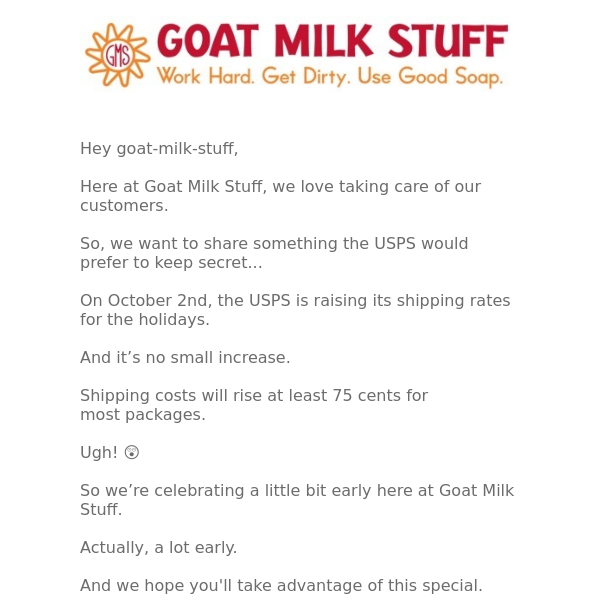 Early Holiday Sale! 10-20% Off ALL Goat Milk Stuff!