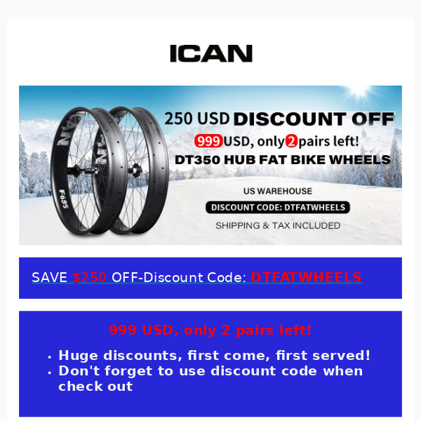 $250 OFF-ICAN Fat Bike Wheels(DT hub) F685 US Warehouse Only 2 Pairs Left!