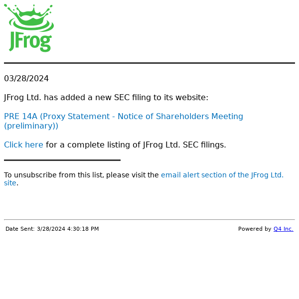 JFrog Ltd. - PRE 14A (Proxy Statement - Notice of Shareholders Meeting (preliminary)) SEC Filing