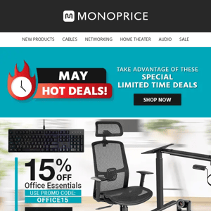 Extra 15% OFF Office Essentials | Sit-Stand Desks, Mounts, and More!