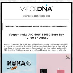 Veepon introduces the KUKA AIO --- all-in-one vape mod system with Boro style tank compatibility!