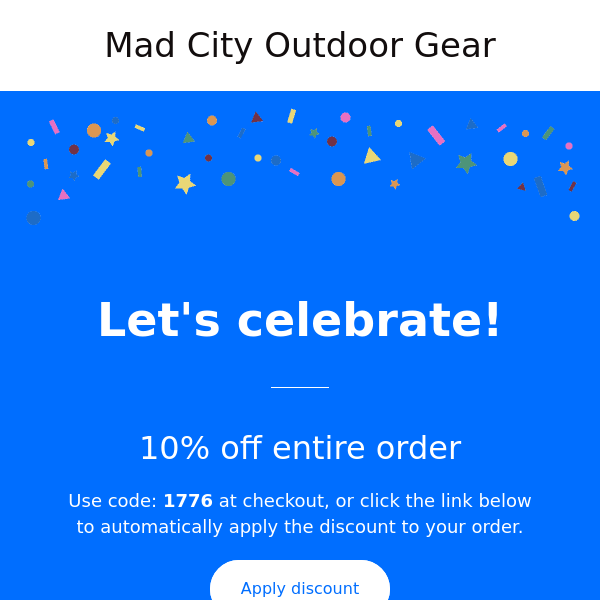 Mad City Outdoor Gear, enjoy a 10% discount today.