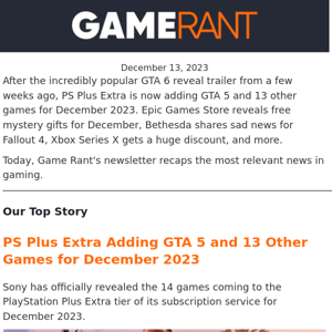 PS Plus Extra Adding GTA 5 and 13 Other Games for December 2023