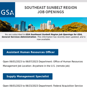 New/Current Job Opportunities in the GSA Southeast Sunbelt Region