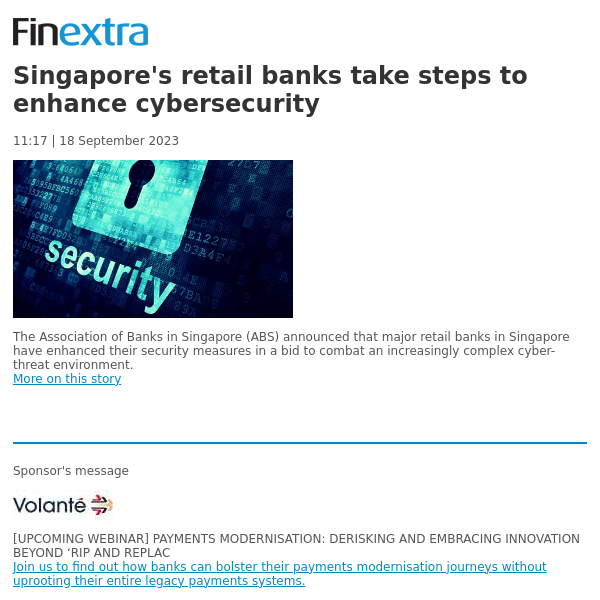 Finextra News Flash: Singapore's retail banks take steps to enhance cybersecurity
