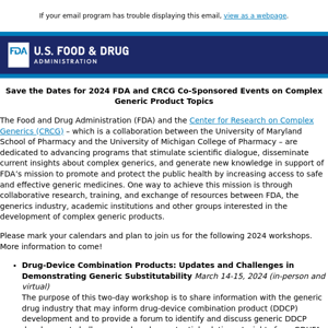 Save the Dates for 2024 FDA and CRCG Co-Sponsored Events on Complex Generic Product Topics