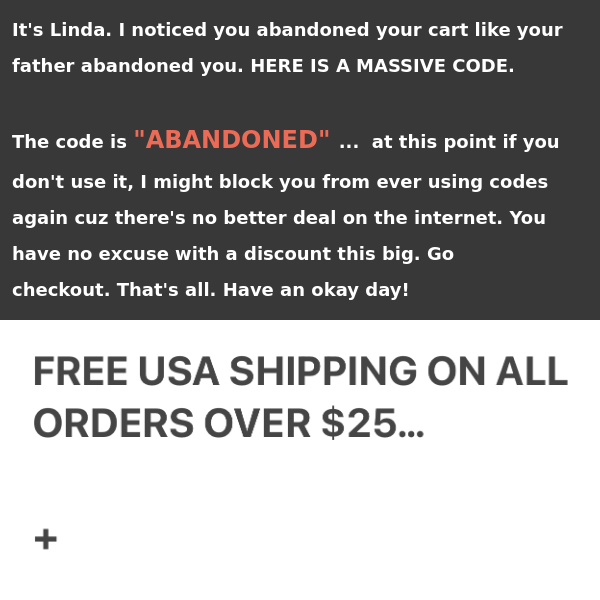 FREE SHIPPING + IF U ABANDONED A CART W/ US, THIS CODE WILL BE A MASSIVE DISCOUNT