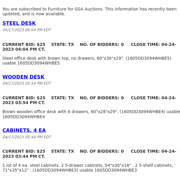 GSA Auctions Furniture Update