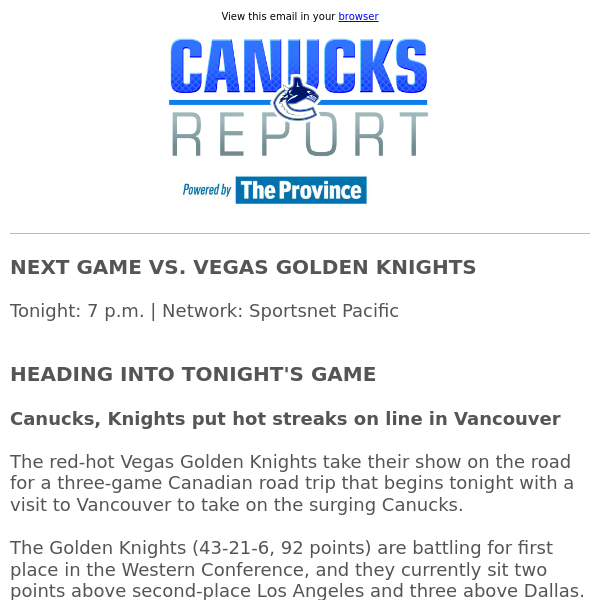 Canucks, Knights put hot streaks on the line