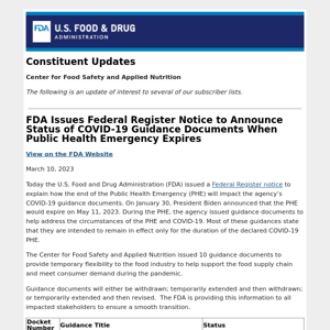 FDA Issues Federal Register Notice to Announce Status of COVID-19 Guidance Documents When Public Health Emergency Expires