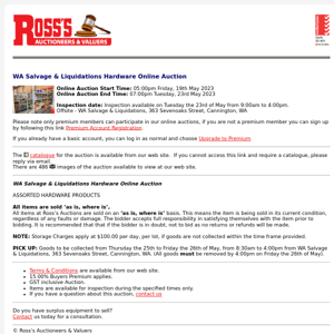 *CLOSING SOON* Ross's > WA Salvage & Liquidations Hardware Online Auction 23/05/23