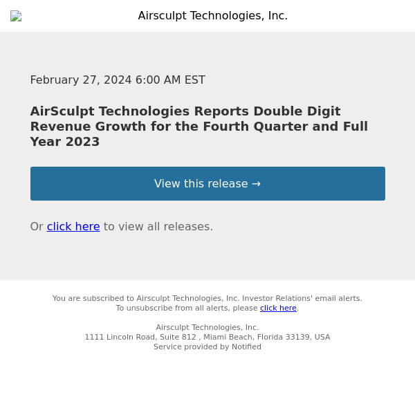 AirSculpt Technologies Reports Double Digit Revenue Growth for the Fourth Quarter and Full Year 2023