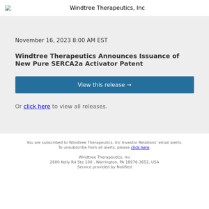 Windtree Therapeutics Announces Issuance of New Pure SERCA2a Activator Patent