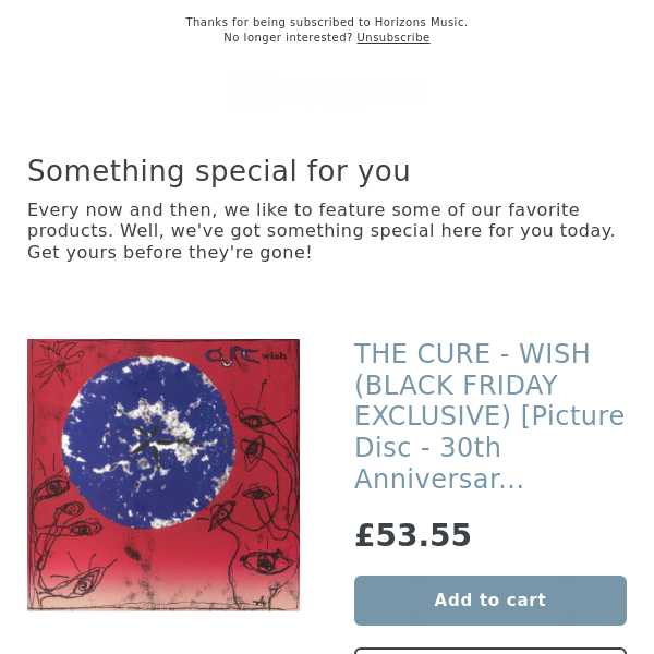 UPDATE! THE CURE - WISH (BLACK FRIDAY EXCLUSIVE) [Picture Disc - 30th Anniversary Edition]