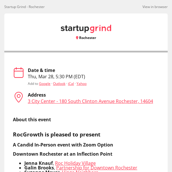 Startup Grind, join us for RocGrowth Candids: Downtown Rochester at an Inflection Point