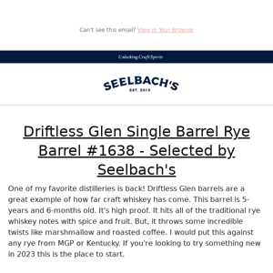 Driftless Glen Single Barrel Rye Barrel #1638 - Selected by Seelbach's