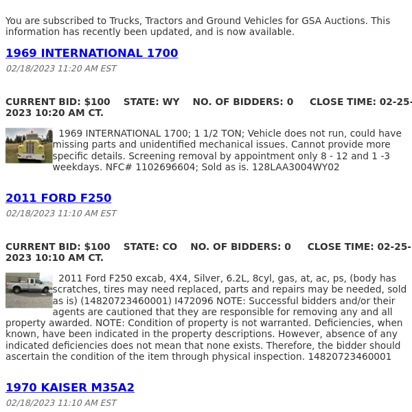 GSA Auctions Trucks, Tractors and Ground Vehicles Update