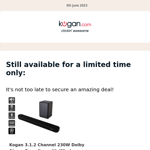 Kogan 3.1.2 Channel 230W Dolby Atmos Soundbar with Wireless Subwoofer