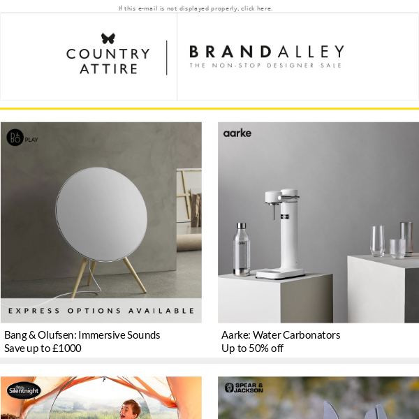 Bang & Olufsen, Aarke: Water Carbonators, Camping Essentials From Silentnight, Spear & Jackson Gardening Tools, SUNNYLiFE and Frame Denim Discounts
