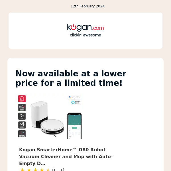 PRICE DROP: Kogan SmarterHome™ G80 Robot Vacuum Cleaner and M… & More