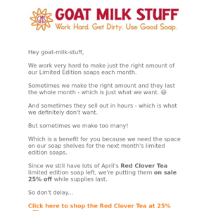 25% off Red Clover Tea Goat Milk Soap
