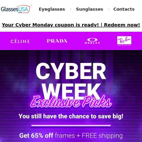 🚨 Cyber Week final call: 65% OFF frames + top picks by our designers -  Glasses USA