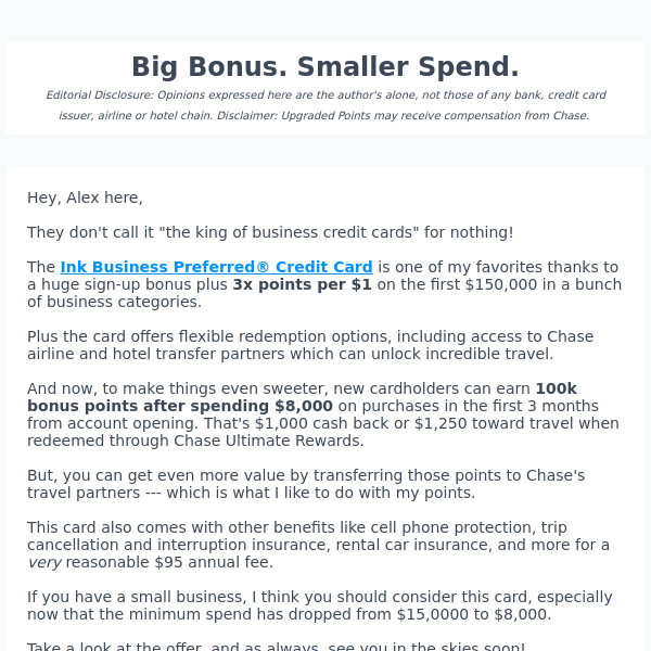 100k points from one of my favorite business credit cards...with even lower spend required!