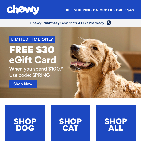 Chewy: Free $30 eGift Card with $100+ Purchase