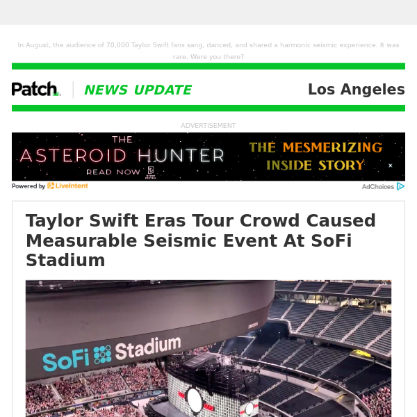 Taylor Swift Eras Tour Crowd Caused Measurable Seismic Event At SoFi Stadium (Sat 10:39:21 AM)